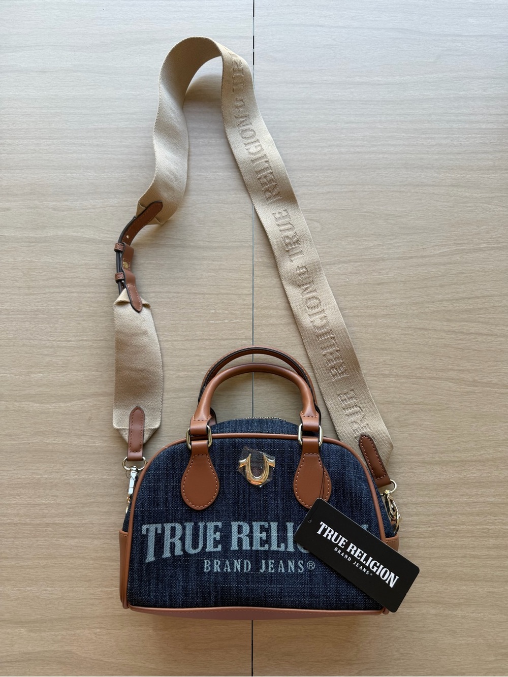 True Religion Women’s Navy Denim and Tan Leather Crossbody Bag